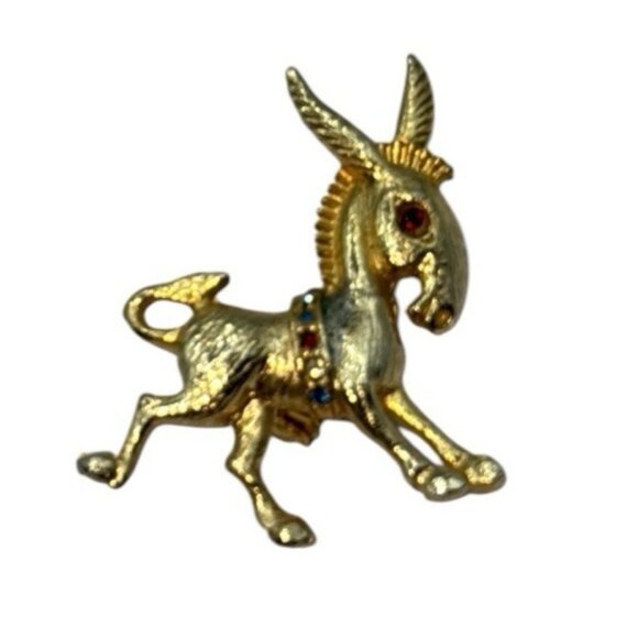 Vtg Donkey Pin Brooch Burro Gold Tone Rhinestone Frisky Whimsical Big Ears - Picture 4 of 7